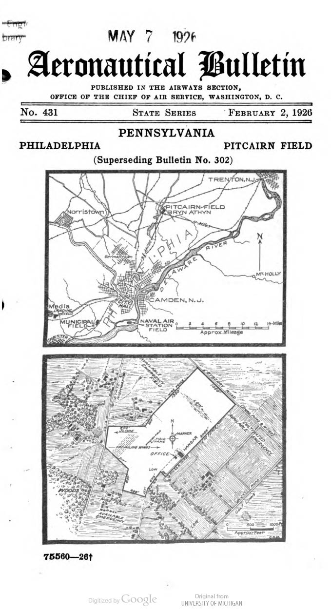Pitcairn Field, Bryn Athyn, PA, Aeronautical Bulletin, February 2, 1926 (Source: Webmaster)