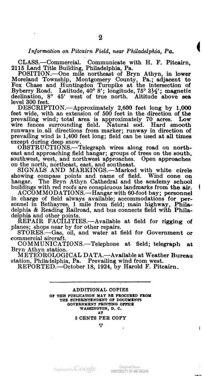 Pitcairn Field, Bryn Athyn, PA, Aeronautical Bulletin, February 2, 1926 (Source: Webmaster) 