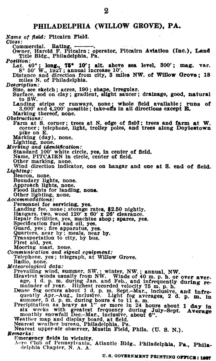 U.S. DOC Airport Description, July 6, 1927 (Source: Webmaster) 