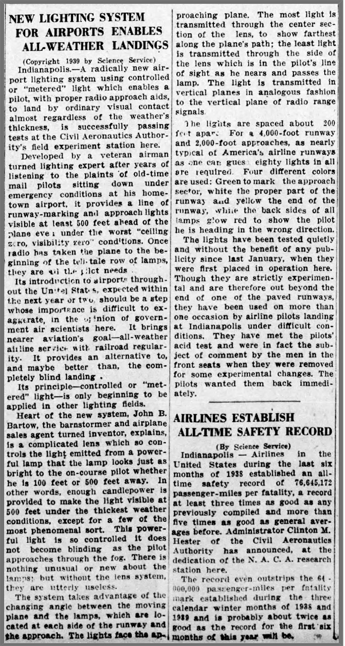 J.B. Bartow,  Airport Lighting & Navigation, York (PA) Gazette-Daily, June 5, 1939 (Source: newspapers.com)