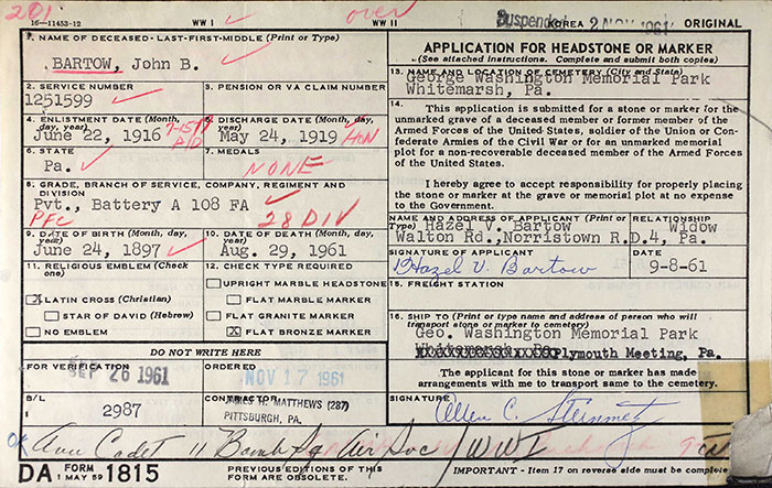 Military Veteran Grave Marker Application, J.B. Bartow, September 8, 1961 (Source: ancestry.com)