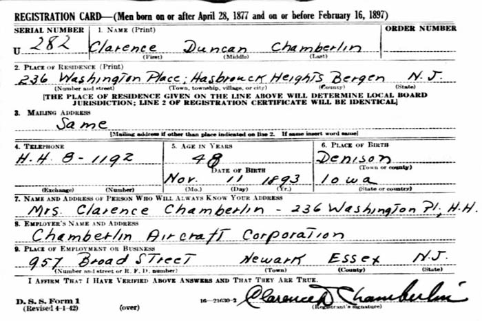Clarence Chamberlin, WWII Draft Card (Source: ancestry.com)