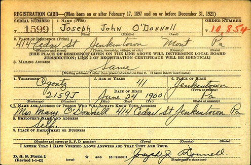 R.J. O'Donnell Draft Registration, February 16, 1942 (Source: ancestry.com) 