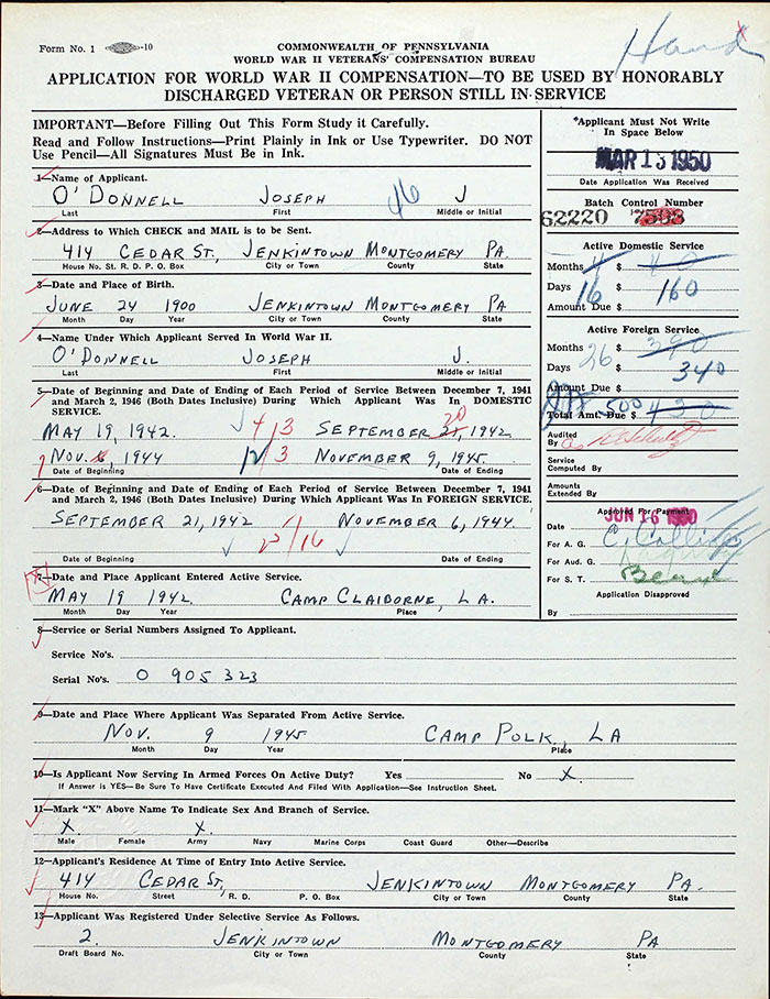 J. O'Donnell Veteran's Compensation Application, January 17, 1950 (Source: ancestry.com) 
