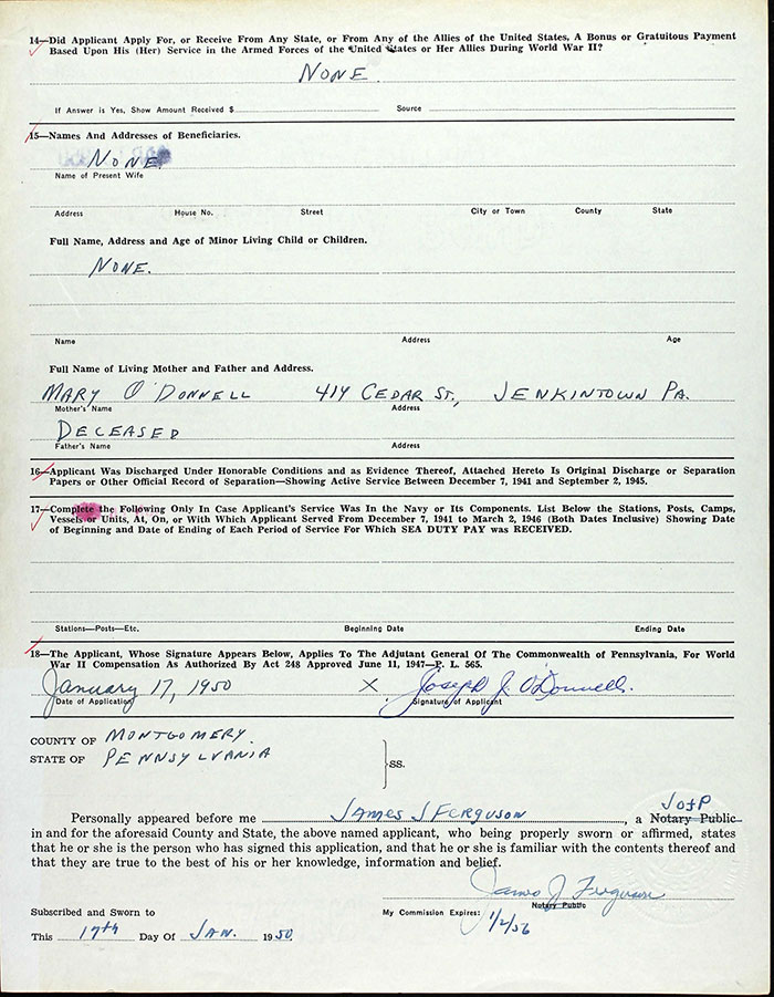 J. O'Donnell Veteran's Compensation Application, January 17, 1950 (Source: ancestry.com) 