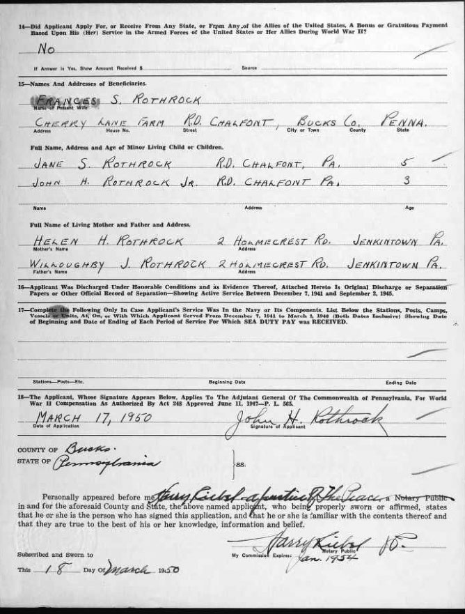 J.H. Rothrock, Sr. Veteran's Compensation Application, March 17, 1950 (Source: ancestry.com) 