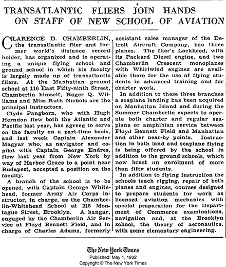 Flight School, The New York Times, May 1, 1932 (Source: NYT)